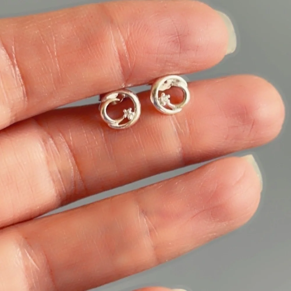 Sterling Silver Crescent Moon Tiny Stud Earrings with CZ 8mm